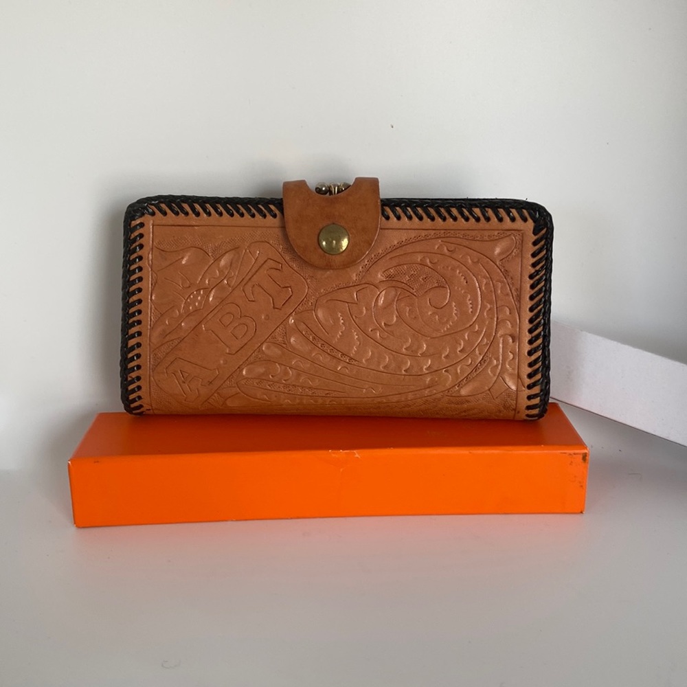 Vintage cognac, brown tooled leather wallet initials, ABT
